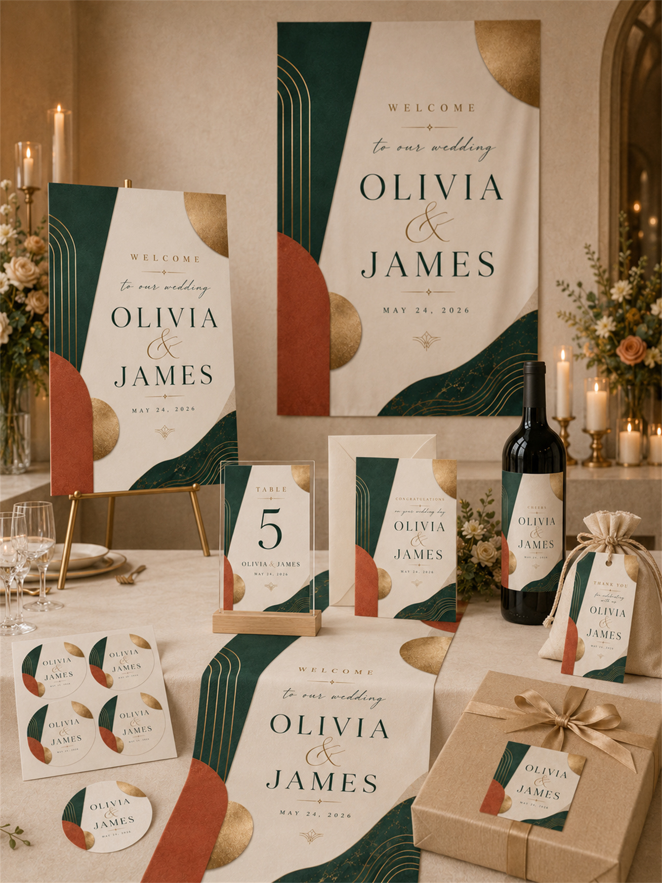 Emerald green and terracotta rust wedding decorations - abstract curved shapes for a modern and luxurious wedding - custom names and dates
